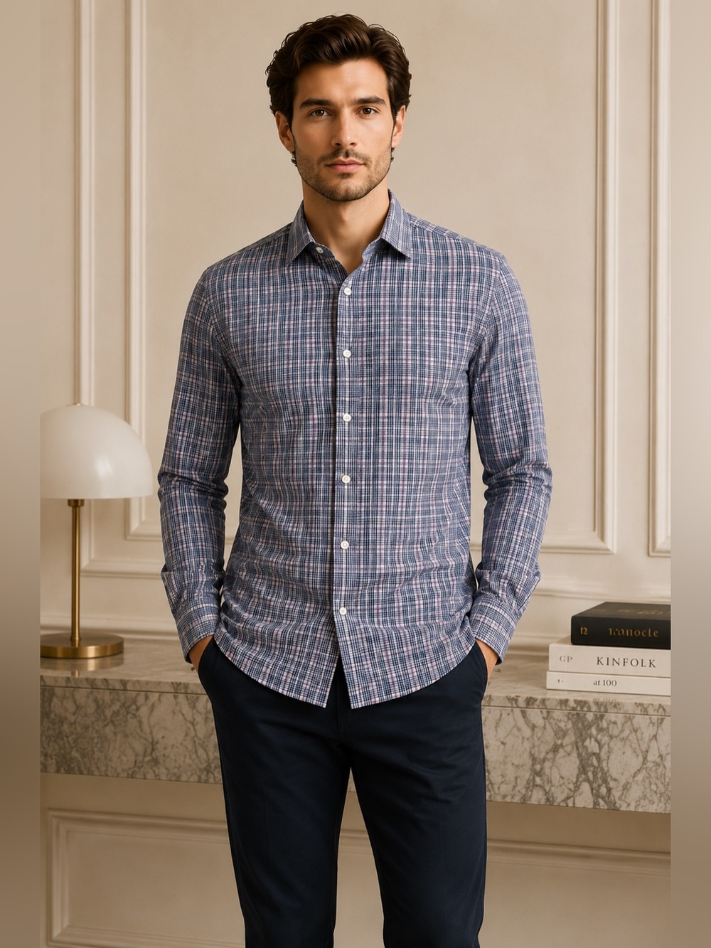 Michael Kors Slim Fit Airsoft Stretch Plaid Dress Shirt Men’s L